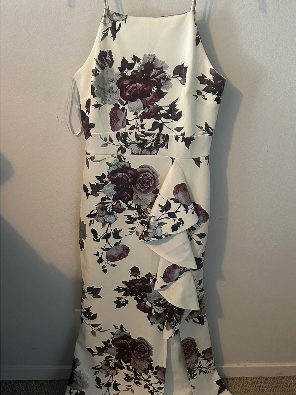 White Floral Ruffle Maxi Dress with Mauve Bloom Print